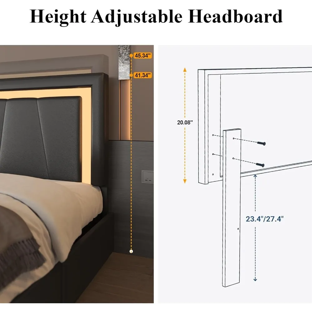 Estrutura de cama completa com 4 gavetas de armazenamento e cabeceira ajustável, cama de plataforma estofada com luzes LED e portas USB