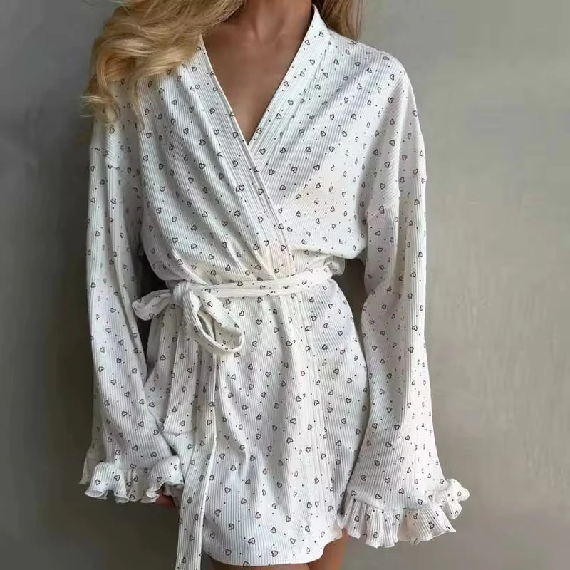 2026 Autumn and Winter Love Print Lace-up Casual Lace Long-sleeved Nightgown Loose Women's Loungewear