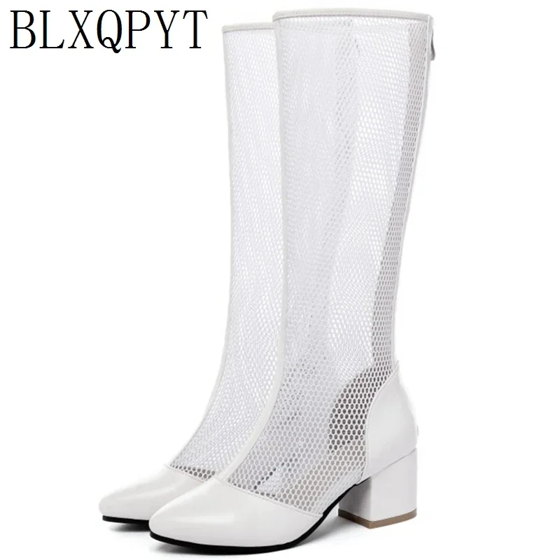 BLXQPYT taglia 32-45 stivali alti al ginocchio da donna tacchi alti cerniera stivali Sexy in rete di pizzo stivali estivi freschi scarpe traspiranti donna C5-19