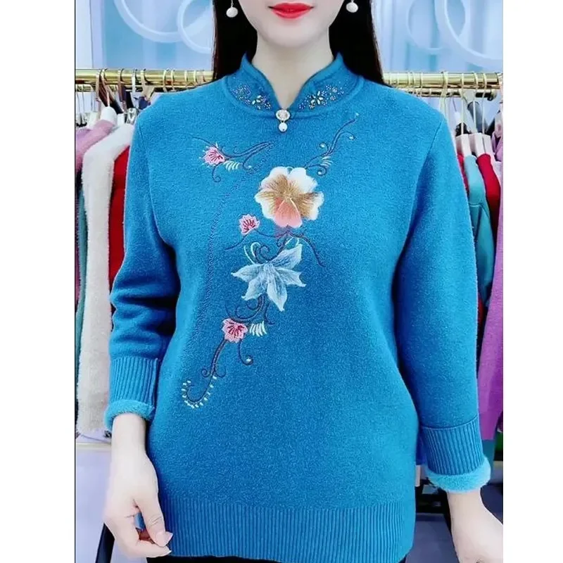 6XL Middle-Elderly Women\'s Winter Clothing Plush And Thick Sweaters Coat Fashion Mother\'s Diamond Embroidery Pullover Plush Warm