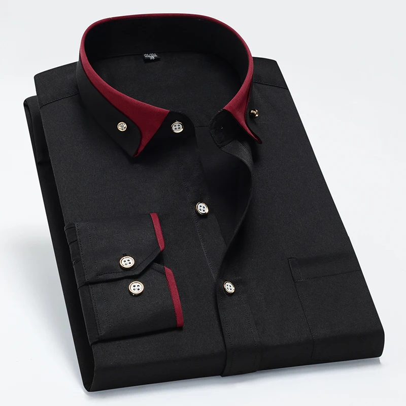 Frühling Sozialen Kleid Hemd Für Männer Mit Diamant Schnalle Kontrast Kragen Business Casual Einfarbig Einzelne Tasche Schwarz Weiß Tops