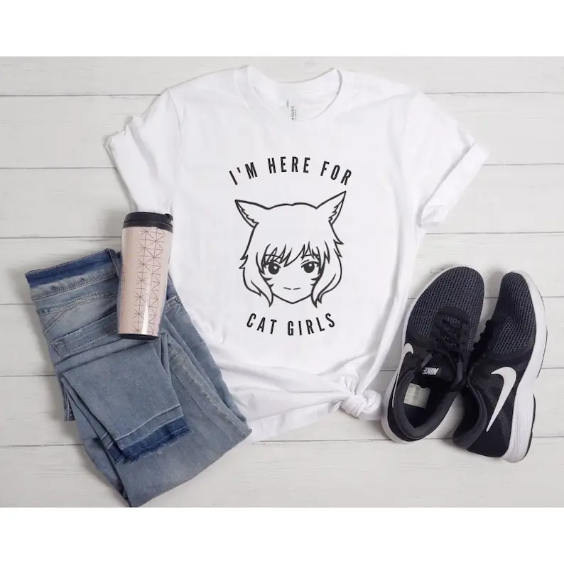 FFXIV Cat Girls T-Shirt | I'm Here For Cat Girls | Anime Style Cat Girl | Shirt for Gamer