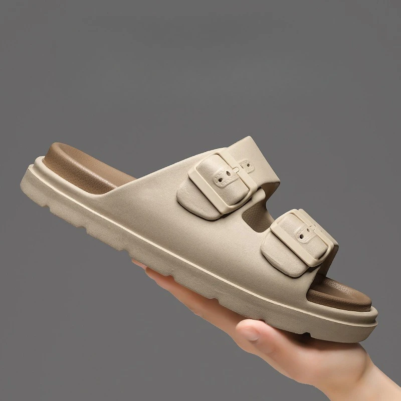 

Slippers Men's Summer New Indoor and Outdoor Wear Stepping on Shit Feeling Double Buckle Thick Sole Large Size One-word Shoes