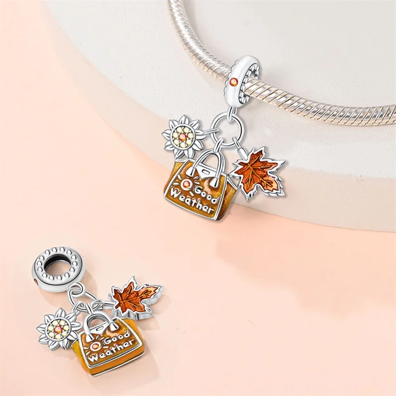 Original 925 Sterling Silver Autumn Series Maple Leaves Scarecrow Pumpkin Squirrel Charms Beads Fit S925 Bracelet DIY Jewelry