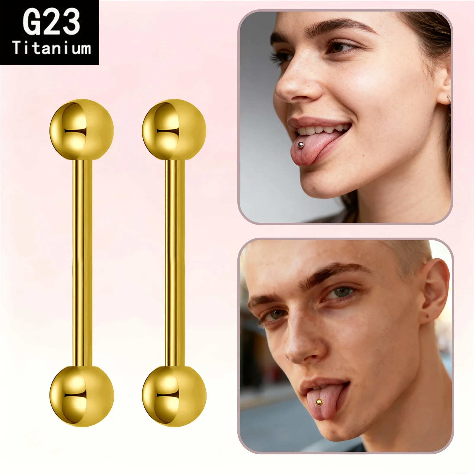 Set of 2 G23 Titanium Alloy 14G Tongue Rings, Straight Barbells for Body Piercing Jewelry, Hypoallergenic, Waterproof