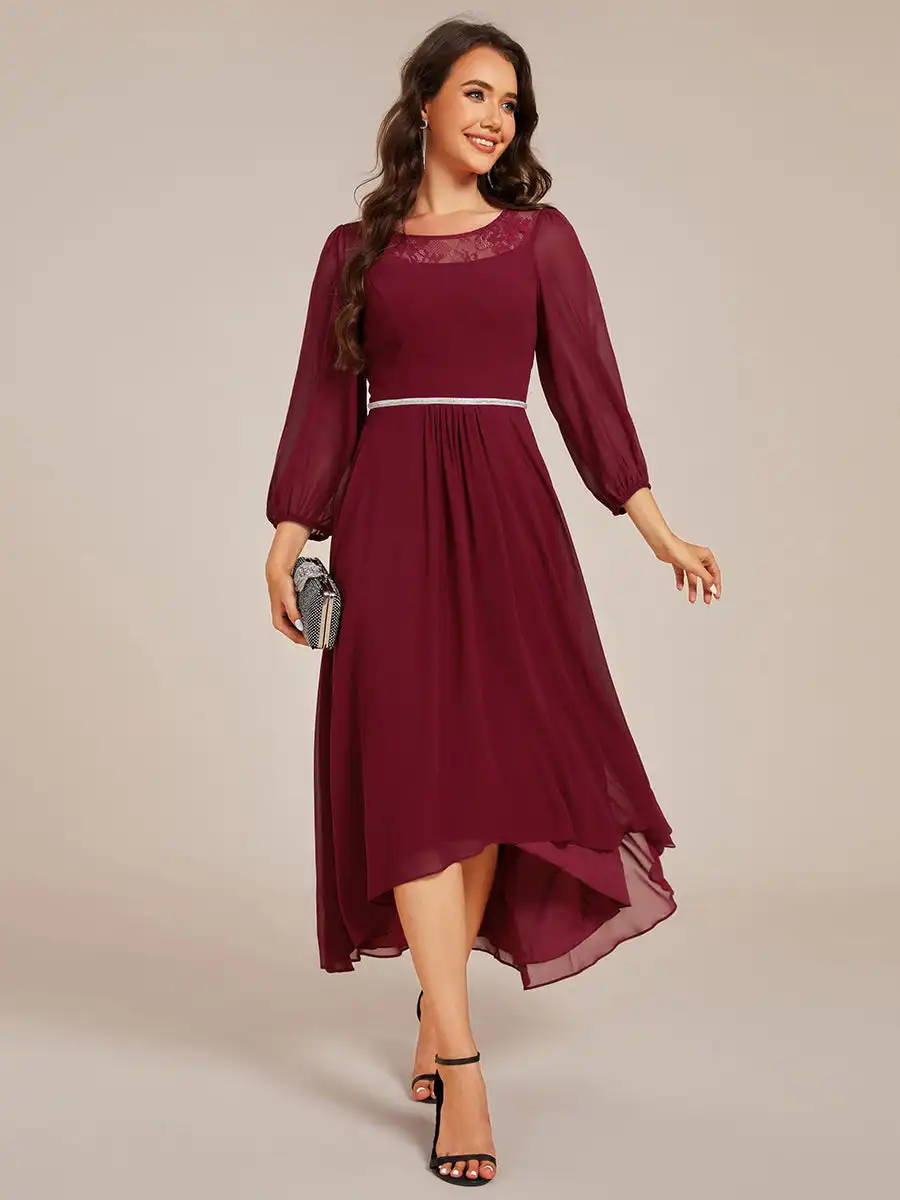 

Formal Evening Dresses Round Neck Appliques Long sleeve empire waist 2025 Ever Pretty of Chiffon Burgundy Bridesmaid dress