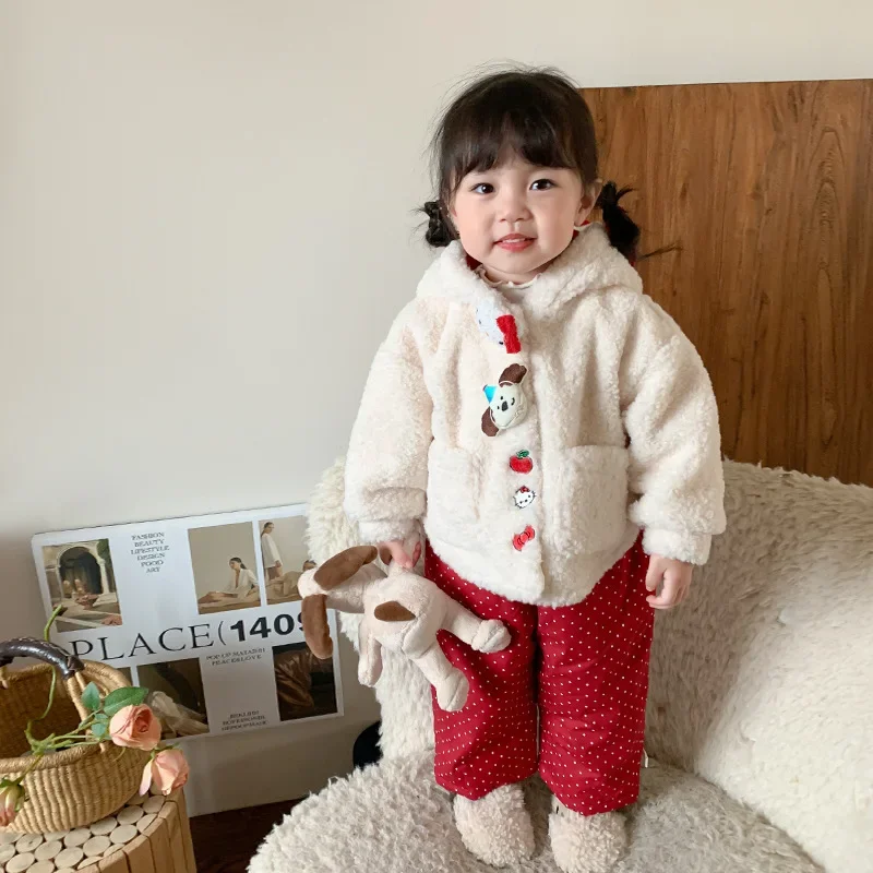 Girls Suits 2024 Autumn and Winter New Childrens Wear Girl Baby Cartoon Lamb Plush Coat Base Shirt Cotton Pants Three-piece Set