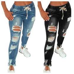 2022 Hot Sale Women Ripped Elastic Waist Jeans Fashion Slim High Stretch Denim Pencil Pants Large Size Trousers S-5XL Drop Ship