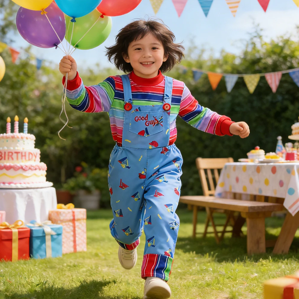 Horror Movie Chucky Cosplay Costumes Striped T-shirt+Denim Jumpsuits 2Pcs Sets for Children Carnival Outfits Birthday Dress Up