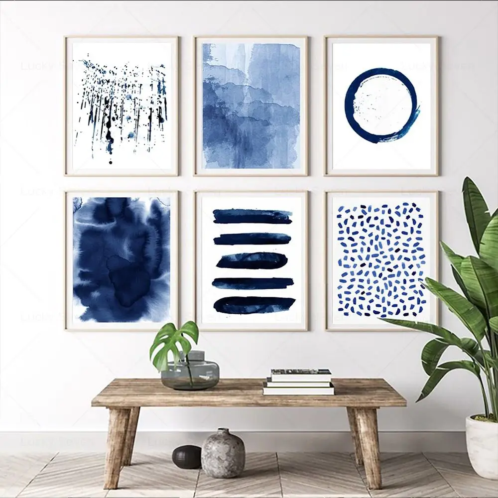 Navy Blue Abstract Canvas Painting Wall Art Scandinavian Modern Prints Geometric Minimalist Poster Decor Pictures Living Room