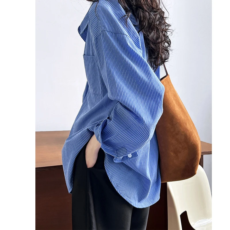 2024 Women Spring Blouses Long Sleeve Cotton Womens Striped Blue Tops And Blouses Fashion Shirt Blusas Roupa Feminina