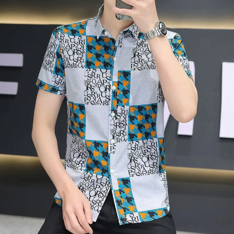 Fashion Lapel Printed Letter Houndstooth Shirts Men's Clothing 2024 Summer New Loose Casual Short Sleeve Tops Korean Shirts