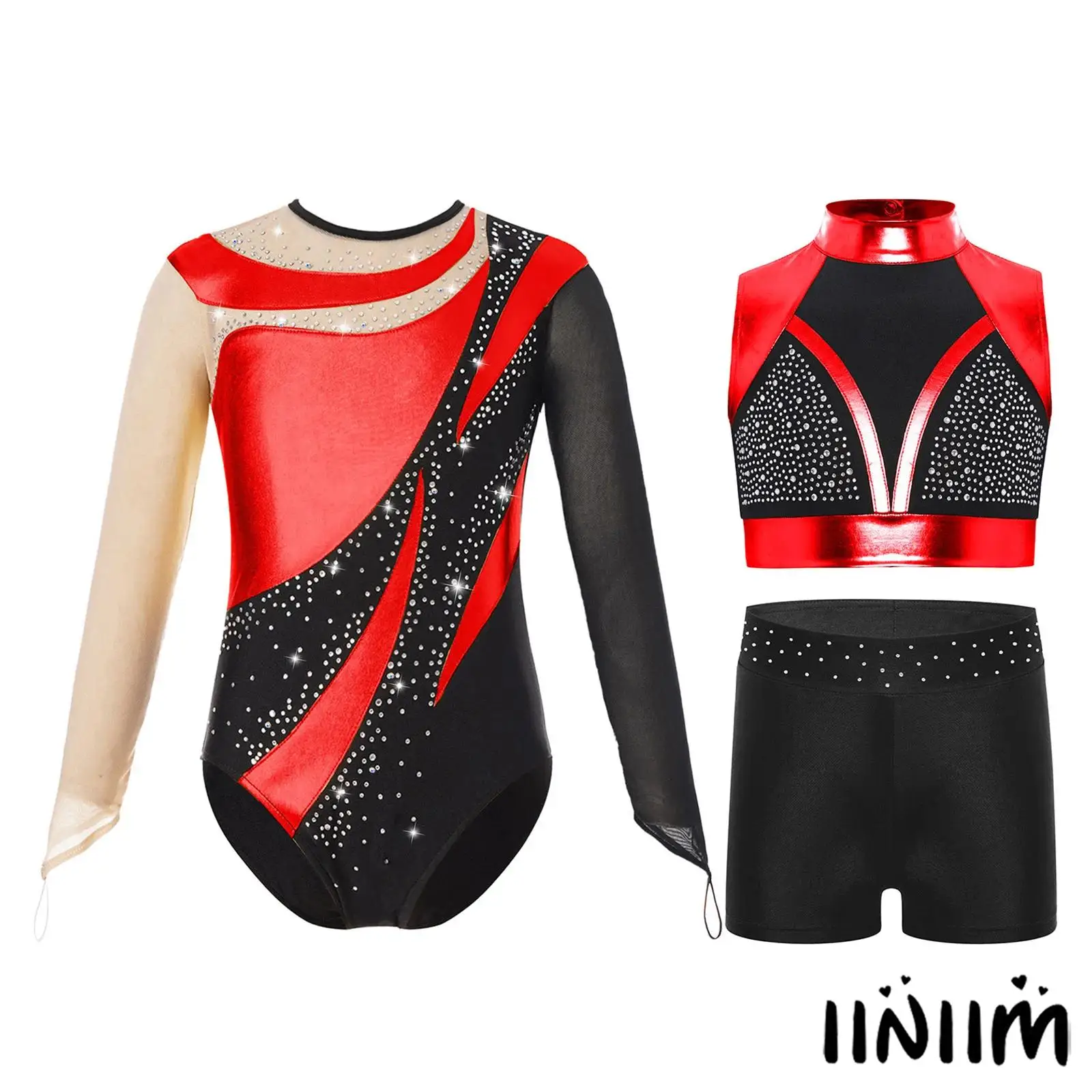 

3Pcs Kids Girls Gymnastics Ballet Outfit Mock Neck Sleeveless Color Block Metallic Crop Top with Shorts And Long Sleeves Leotard