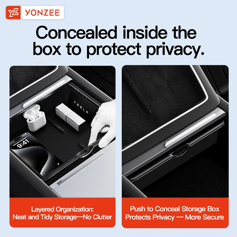 YZ For Tesla Model 3 Highland Y YL Juniper Center Console Storage Box ABS Silicone With Non‑Slip Mat Rear Armrest Car Accessorie
