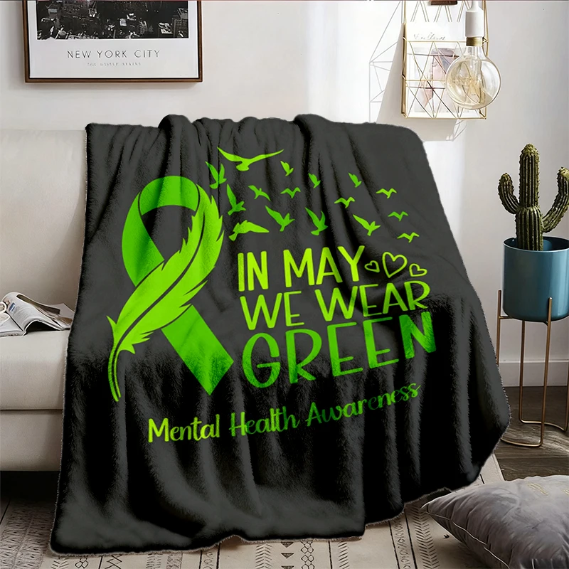 Mental Health Awareness Month Warm Blanket, Green Ribbon Soft Blanket, May We Wear Green Comfy Blanket, Self Care Flanne