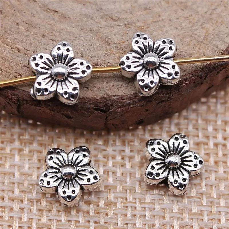 320 Stück antiksilberfarbene Blumen-Abstandsperlen, 8 x 8 x 4 mm, für DIY-Schlüsselanhänger, Armbänder, Schmuckherstellung, Großhandel – Detail 2