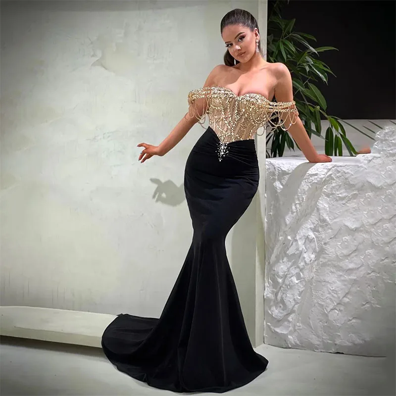 

Black Mermaid Prom Dress Off shoulder Beads Illusion Evening Dresses Elegant Sweep Train Formal Dresses for Special Occasions
