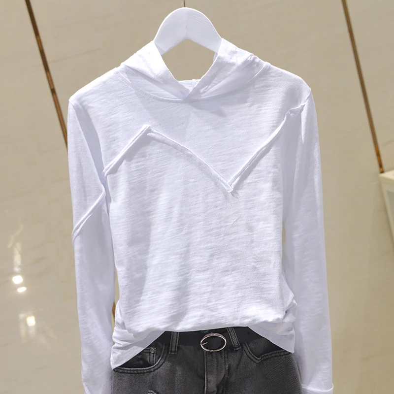 

Cotton Solid Hooded Women T-Shirts Summer Vintage Long-Sleeved Casual All Match Female Pulls Tops Tees