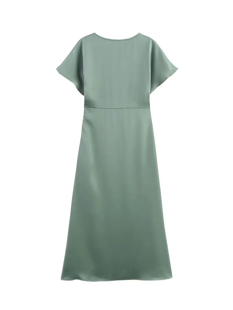 HH Frauen Elegantes Solides Satinkleid Sexy V-ausschnitt Kurzarm Midi Kleid 2025, Neue Mode Sommer Dame Feiertage Party Kleid