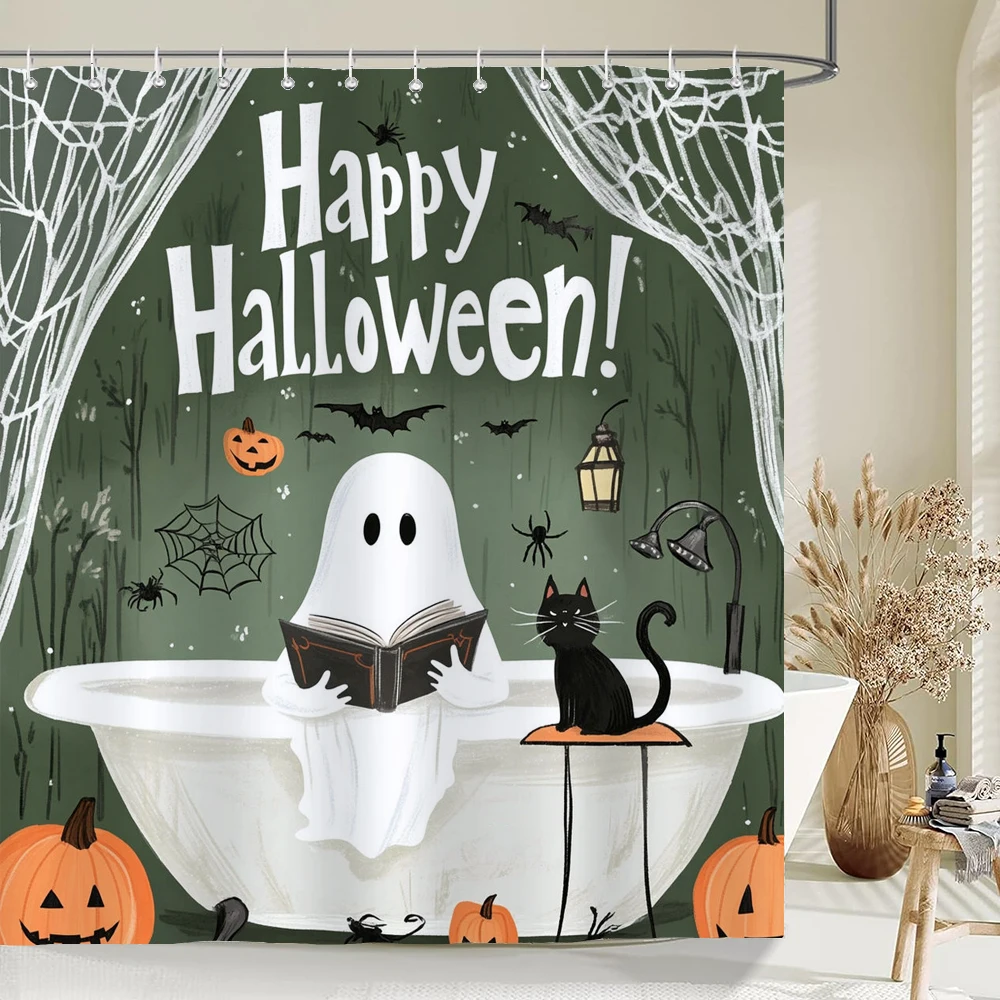 1PC Halloween Shower Curtain Gothic Cute ghost All Saints Day Pumpkin black cat Bathroom Curtain Home Vintage decor curtain