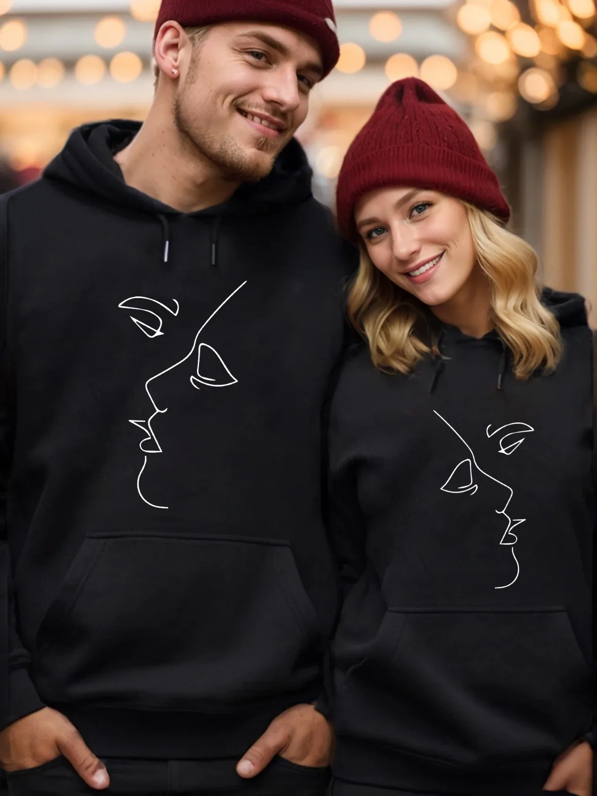 1 pezzo [stile per coppia] moda casual che baciano coppia linea di volti modello stampato stesso stile coppia felpa con cappuccio regalo di San Valentino allentata