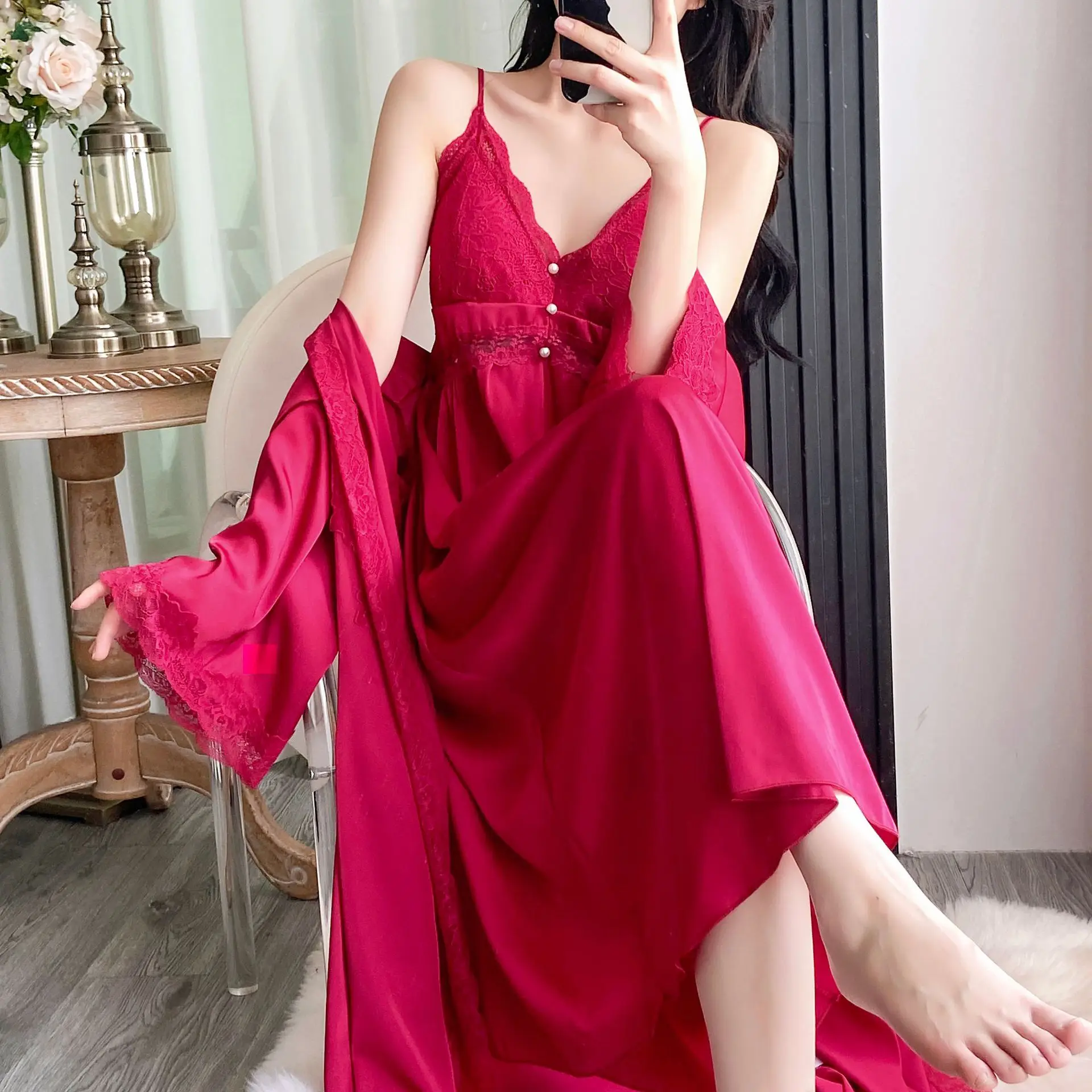 2PCS Nighty Bathrobe Sleep Suit Womens Silky Satin Lace Robe Gown Set V-Neck Suspender Dress Summer Sleepwear Loungewear
