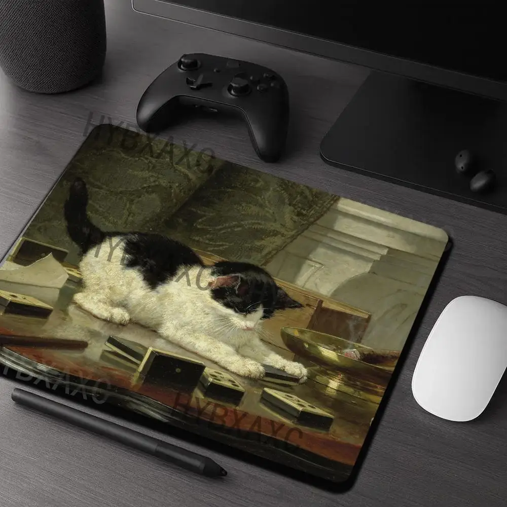 

HYBXAXC Desk Mat Non Slip Small Mouse Pad, Vintage Oil Painting Cat Playing Dominoes Art Design for Gaming Office Decor