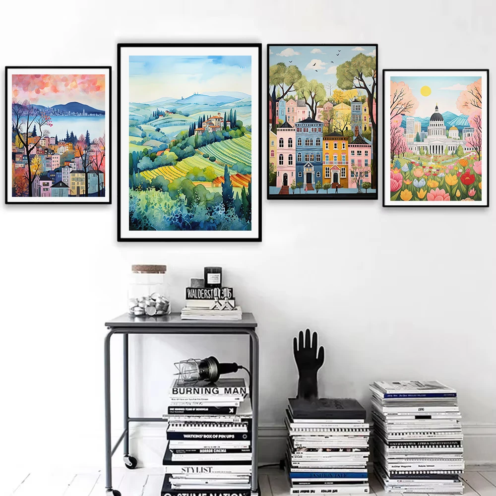 ملصق منظر طبيعي بألوان مائية عتيقة ، عالم سيتي ترافل ، برلين ، سويسرا ، ديكور صور جدارية منزلية ، لوحة قماشية