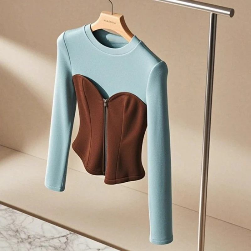 High-end Dopamine Super Good-looking Maillard Color-blocked T-shirt 2024 New Autumn and Winter Chic Fashionable Top