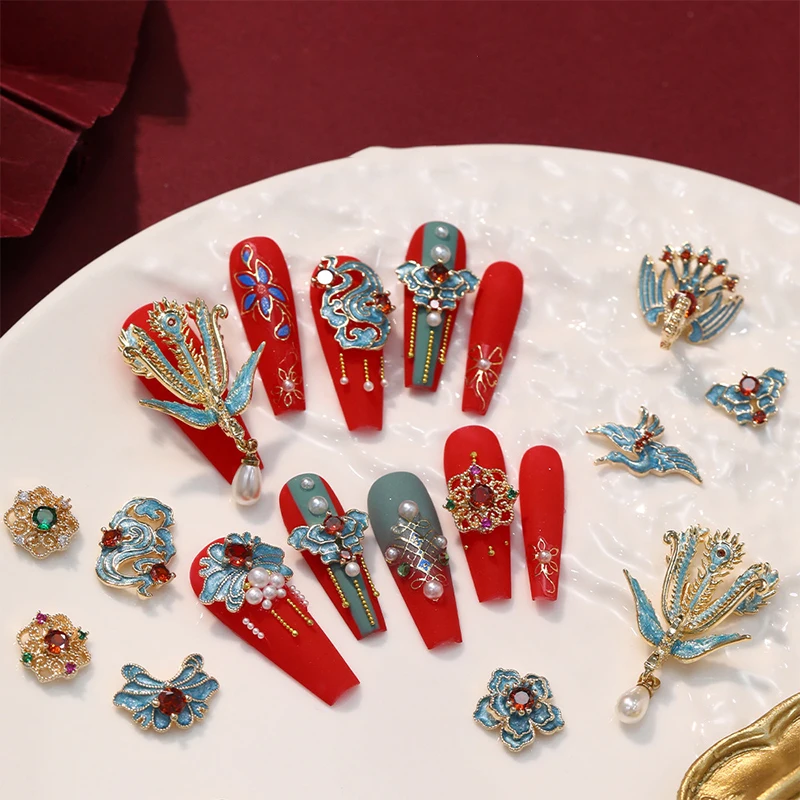 Chinese Style Nail Art Colour Copper Sheet Phoenix Peacock Pearl Accessories Retro Luxury Super Flash Nail Diamond Nail SalonChi