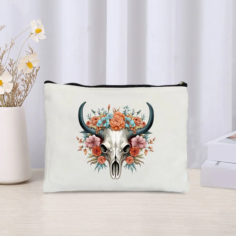 Wildly Loved By God Cosmetic Kit Wild and Free Cow Skull Floral Print Makeup Bag Wild Aesthetics Toiletry Pouch Pencil Case