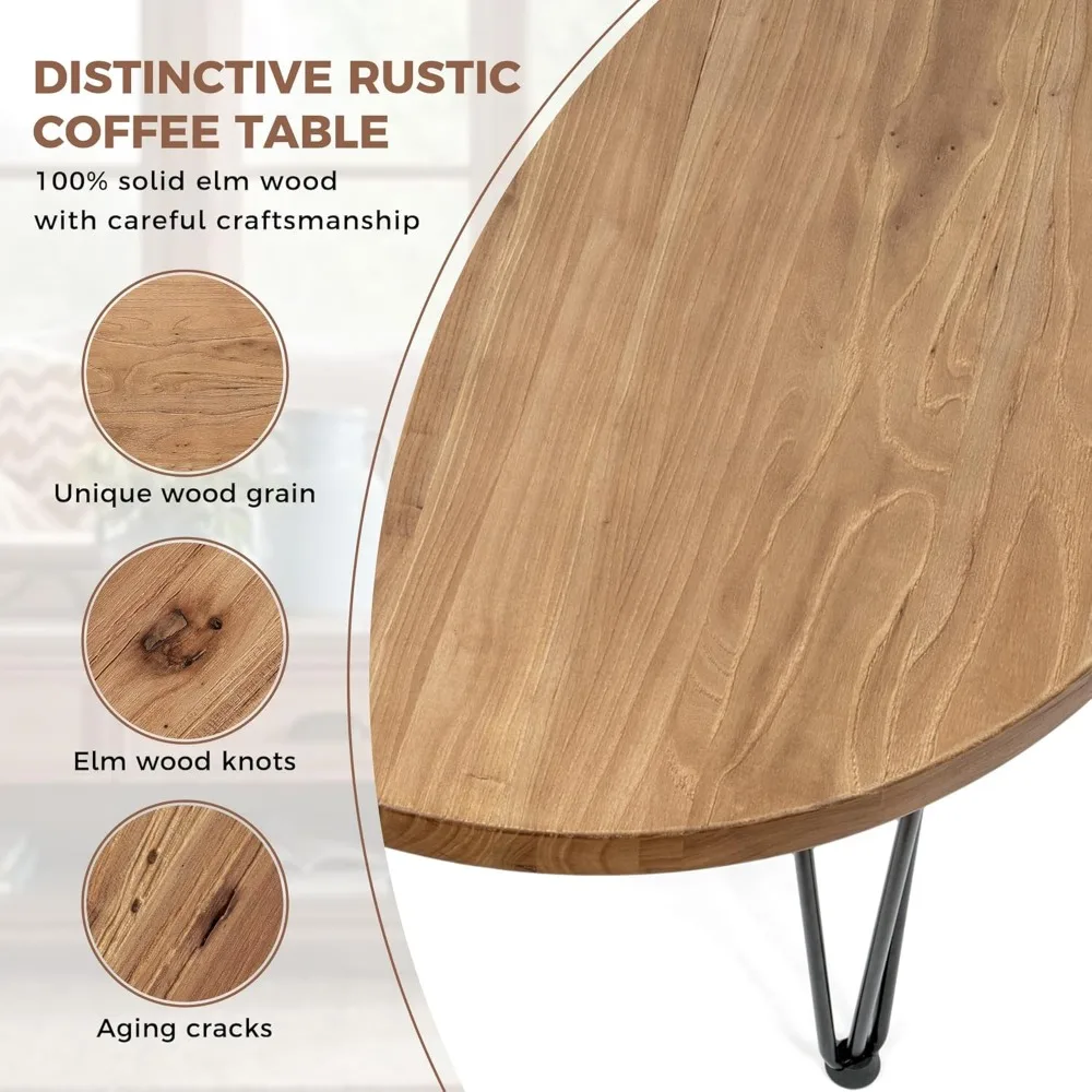 Farmhouse Style Round Elm Wood Coffee Table with Metal Legs and Anti-Slip Pads for Living Room