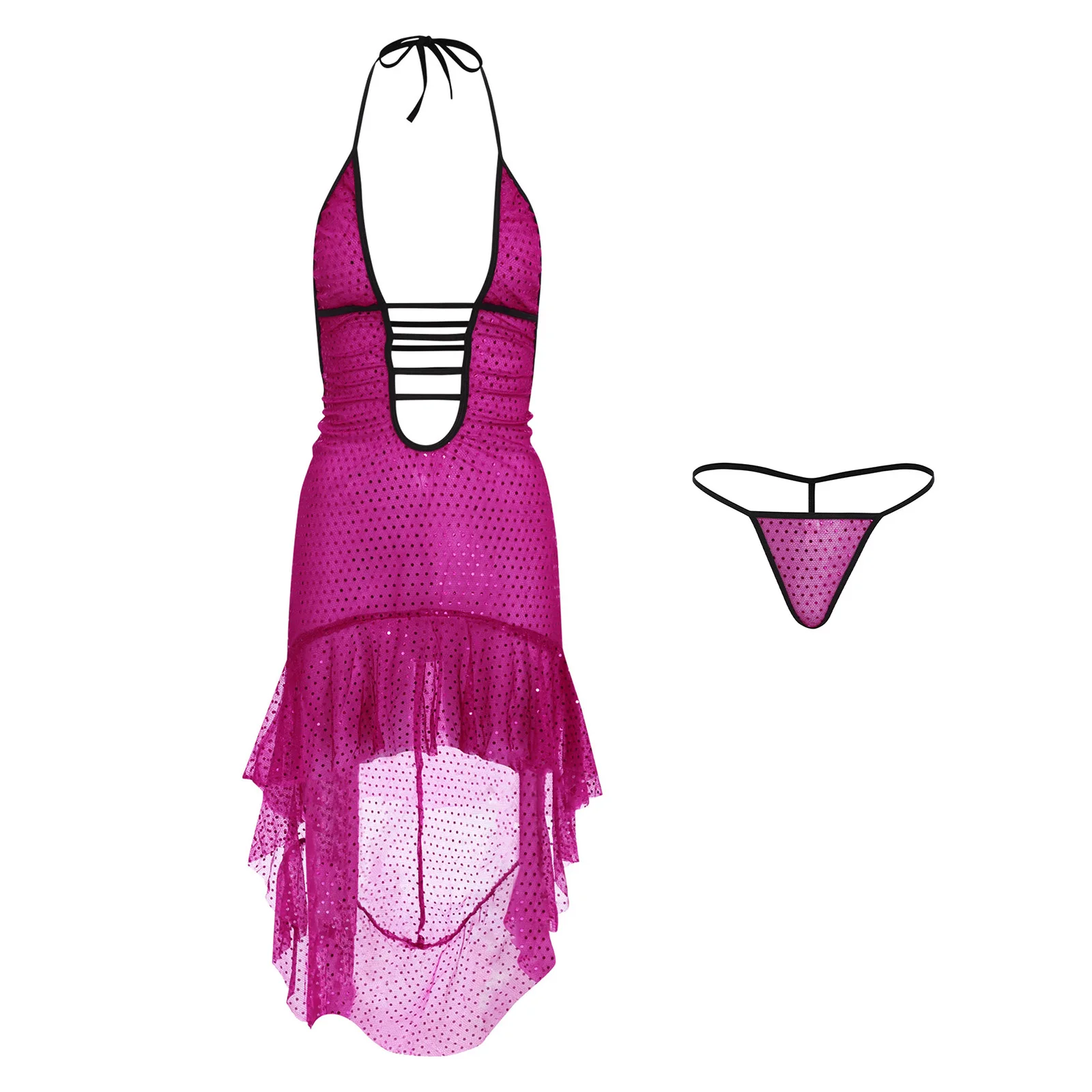 Womens Shiny Sequin Bodycon Dress with T-back Lace-up Halter Backless Plunge V Neck Ruffled High-low Hem Sheer Dress Clubwear