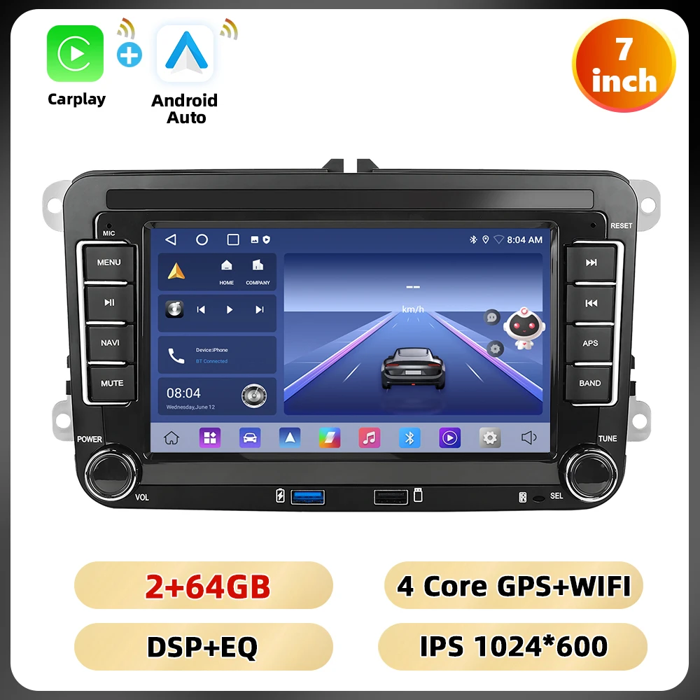 Podofo 7 ''6 + 128G Autoradio Voor VW/PASSAT/GOLF/SCIROCCO Multimedia Speler navigatie Carplay Android Auto WIFI BT RDS Auto Audio