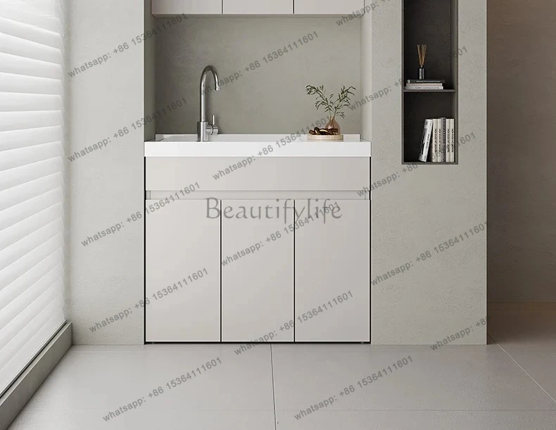 Balcony Washing Machine Cabinet with Wash Basin, Integrated Washing Machine Cabinet with Washboard
