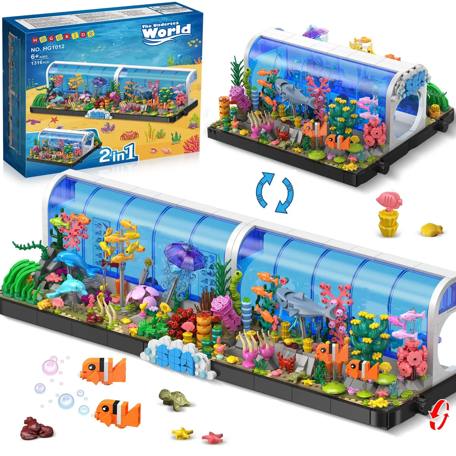 HOGOKIDS Aquarium Building Sets-2 Styles Oceanarium Building Toy Pivoting Undersea Includs Dolphins Shark Jellyfish Gift for6+