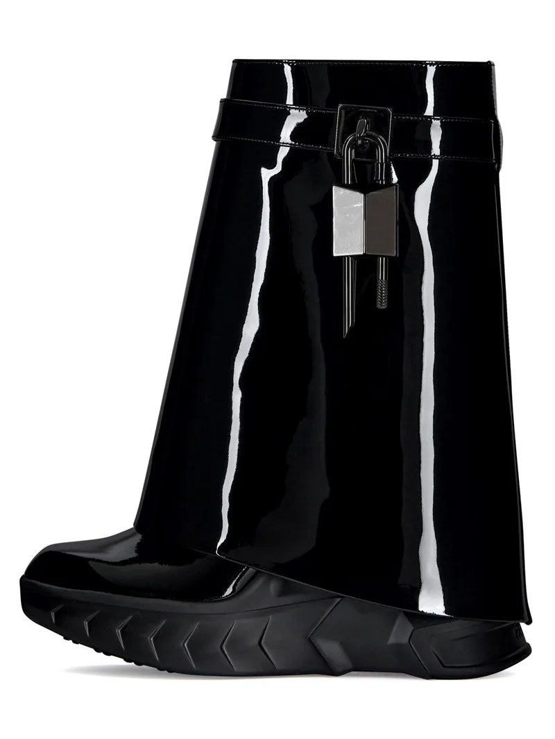 Winter Fashion Design Round Head Lock Shark Buckle Mid Calf Boots Large Size Women Platform Wedges Leather Western Trouser Boots