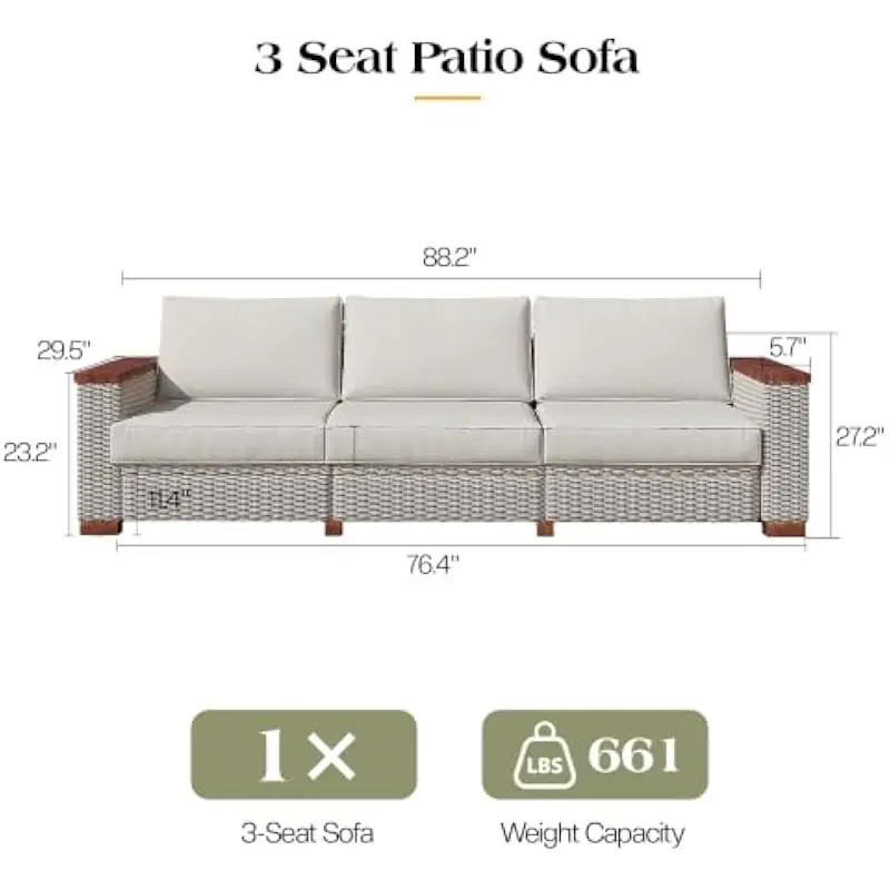 Modern Outdoor Wicker Sofa Set with Curved Rattan Frame Beige Cushions Extra Wide Armrests 4.72 Inch Thick Padded Seating UV Res