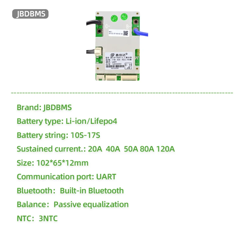 JBDBMS 10S 12S 13S 14S 16S 17S Smart BMS 20A 40A 50A 60A 80A For LifePo4 36V 48V Li-ion Battery BMS Protection Board Built-in BT