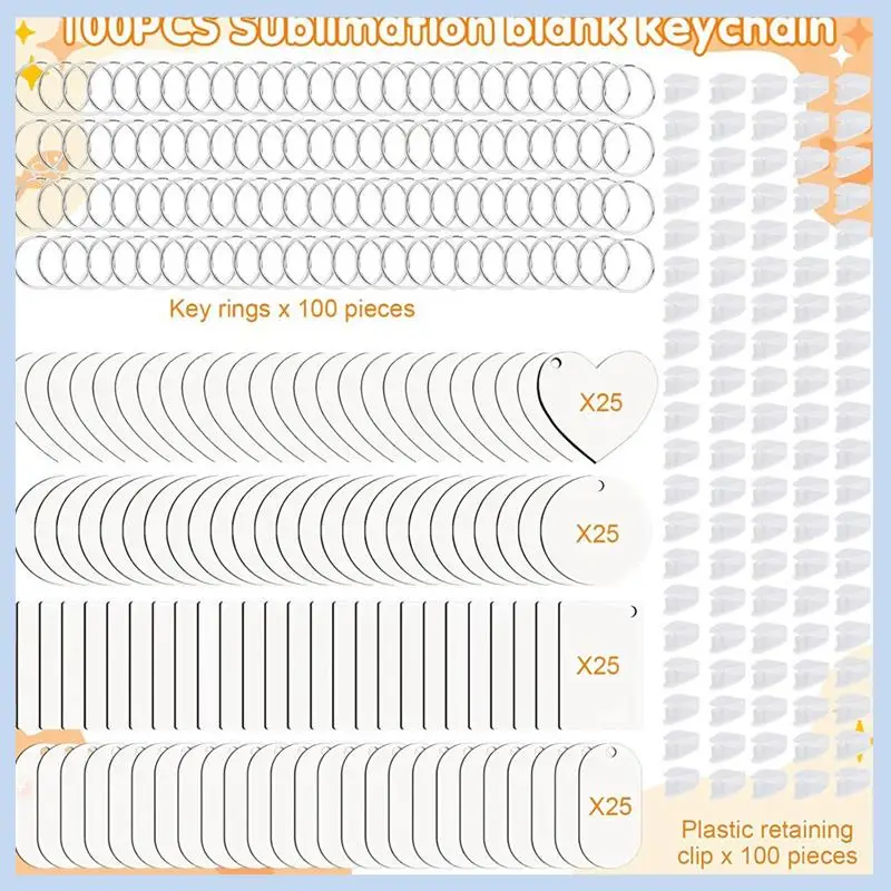 

AS63-300 Pcs Sublimation Keychain Blanks Bulk Double Side Heat Transfer Sublimation MDF Blank Set With Keychain Rings