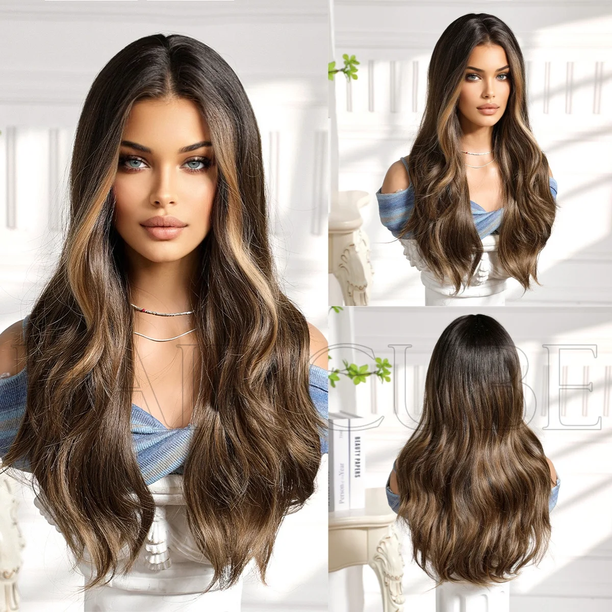 

European and American long curly hair wig natural brown highlights Qi bangs long curly hair big waves full head wig