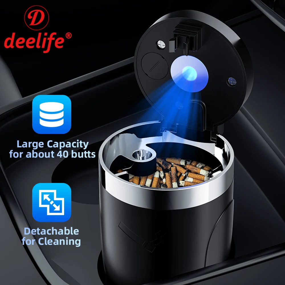 

Deelife Car Ashtray with LED Light for Easy Use at Night with Lid to Reduce the Harm of Secondhand Smoke