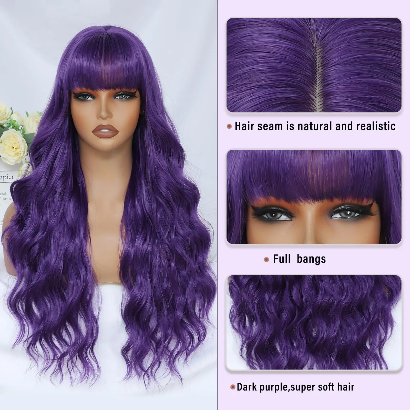 New purple synthetic wig with big waves for party, Halloween cosplay, everyday use, high-temperature hair accessory image 4