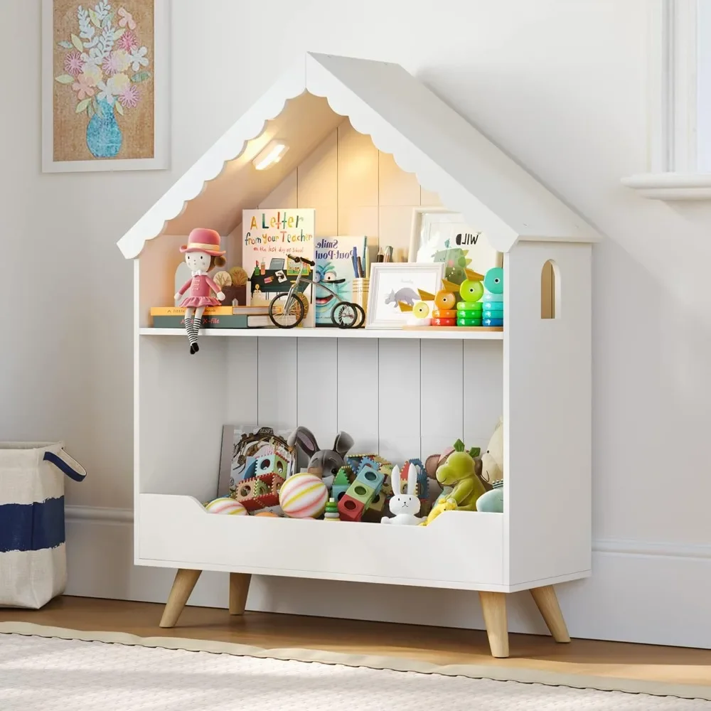 

Kids Dollhouse Bookshelf, Wooden Bookcase Storage with Motion-Activated Light, Open Display Organizer for Toys and Books