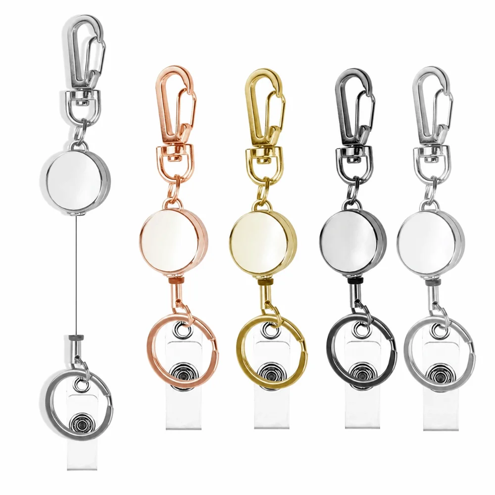 Zinc Alloy Retractable Badge Reel Anti-Loss Heavy Duty ID Card Holder Clip Retractable with Carabiner Key Ring Key Chain
