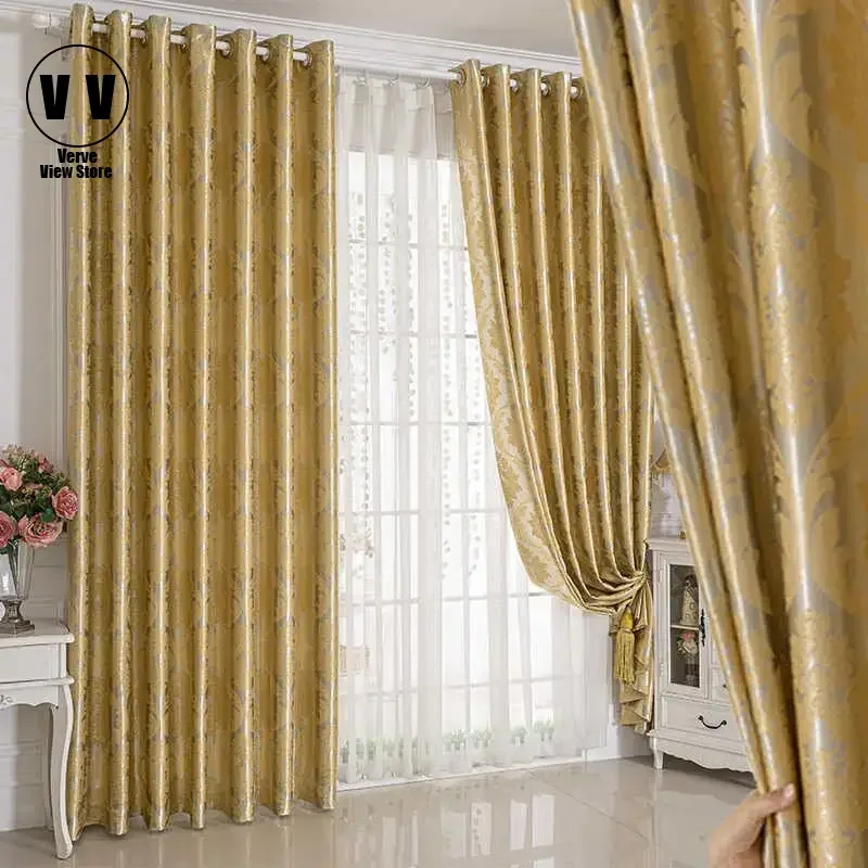 

European Jacquard Golden Thickened Fabric Light-Blocking Luxury Blakout Modern Simple Curtain for Living Room Bedroom Window
