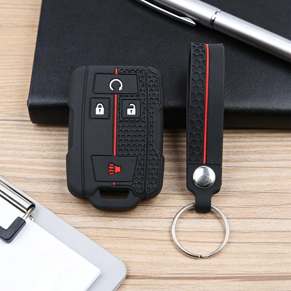 Honeycomb Anti‑Slip Silicone Key Fob Cover with Keyring for Chevrolet Silverado Suburban Tahoe GMC Yukon Sierra Terrain