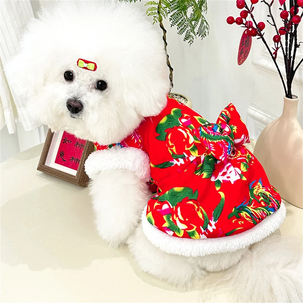 Northeast Unisex Autumn Winter Clothes Big Flower Cotton-Padded Jacket Small Dogs Teddy Bear New Tang Suit Design Adults Pet