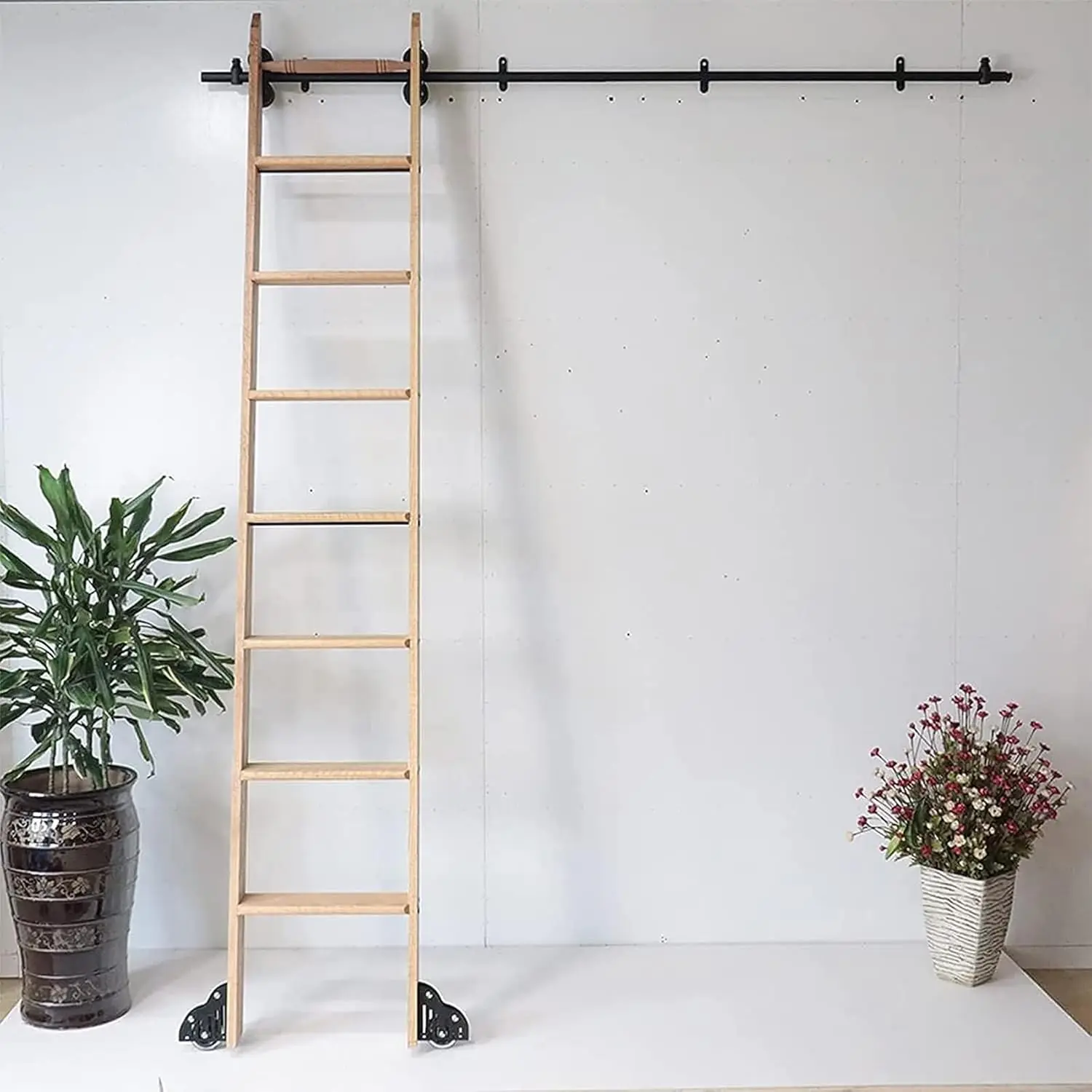 Sliding Barn Door Track Kit - Library Sliding Ladder Hardware Kit Roller Rail System, Round Tube Mobile Ladder Track With Floor