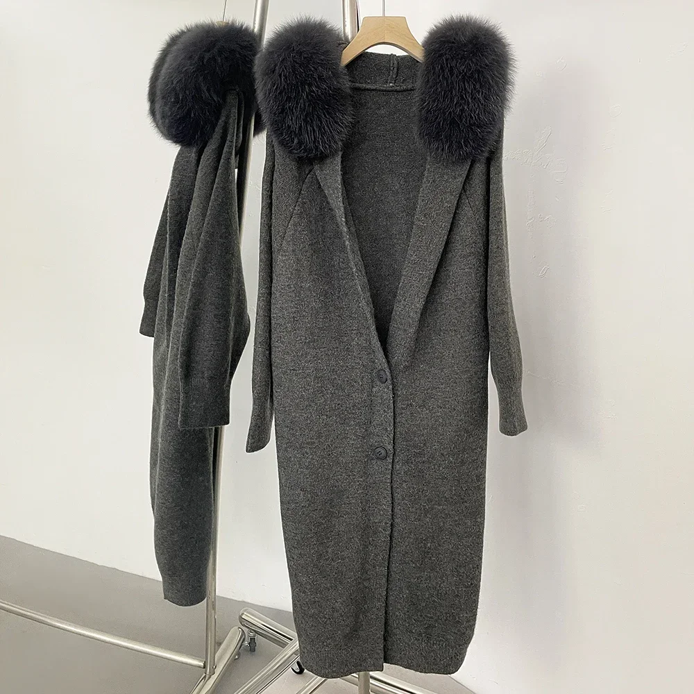 Reality Fur Collar Women Autumn Cardigan Cropped Sweater Cardigan Hooded Spring Hot Sale Knitwear Real Fur Sweater Ladies